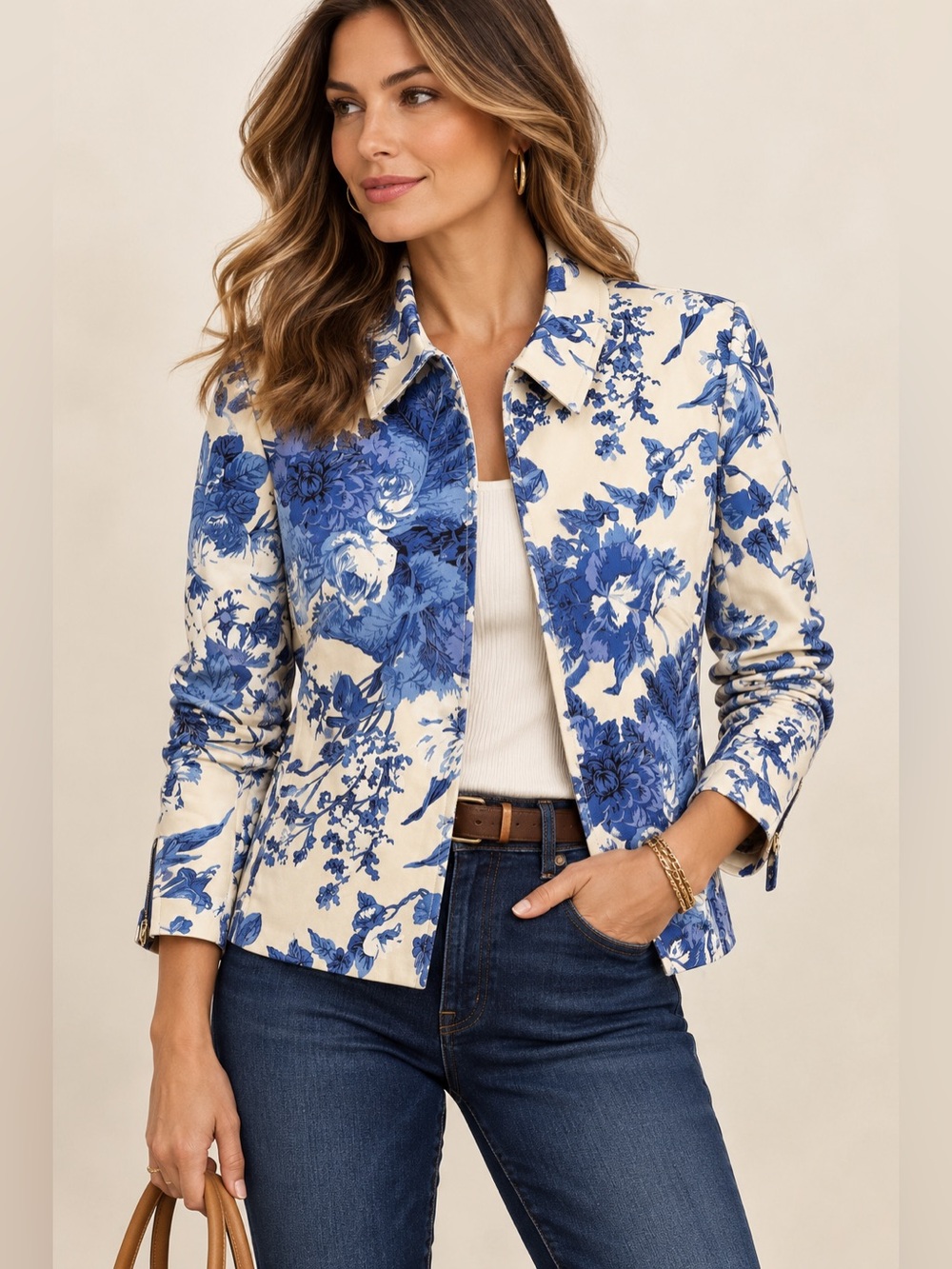 Carlisle Floral Jacket Size 6 Blue Cream Stretch Zip Blazer Fall Layer